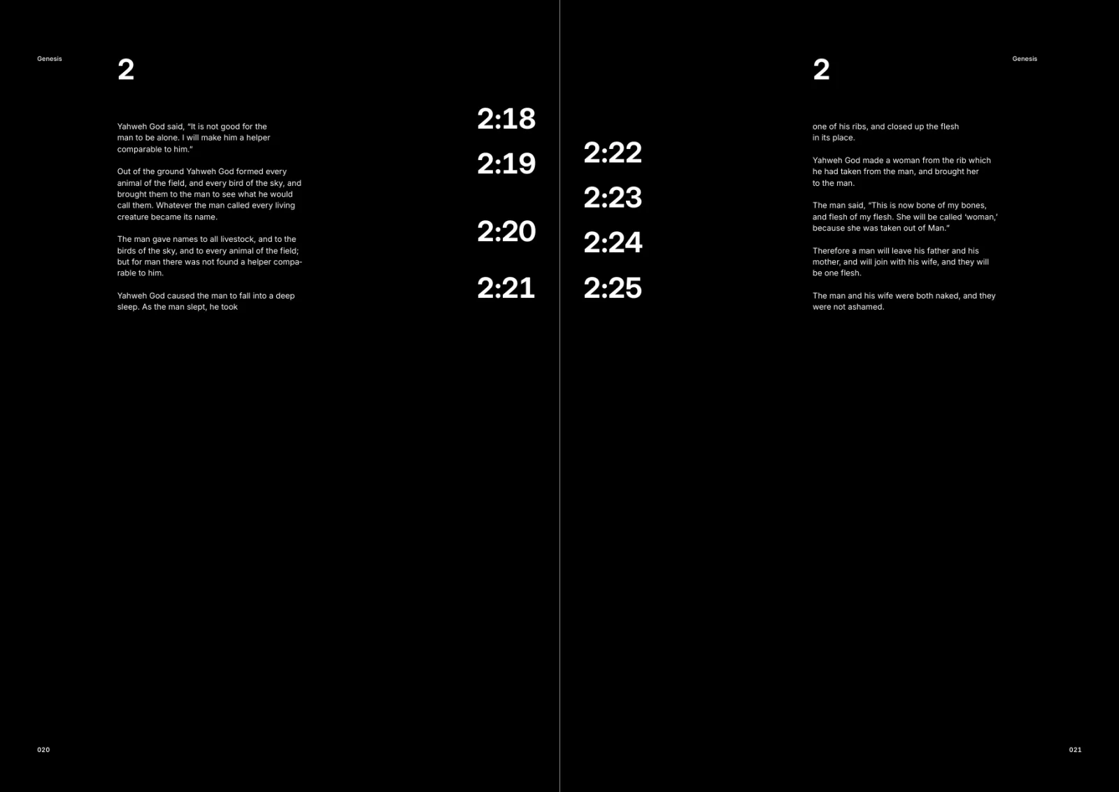 Genesis black spread: verse numbers 2:18 to 2:25 large in the margin next to the text