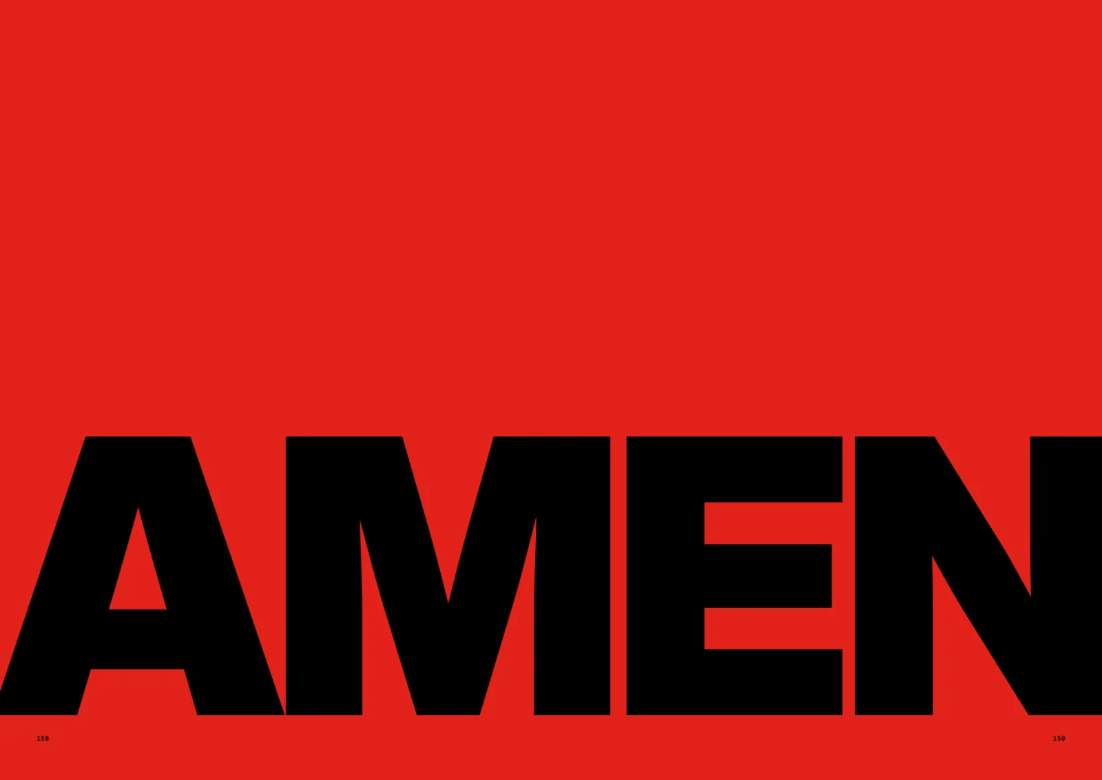 Red closing spread: the word AMEN in huge black capitals across both pages