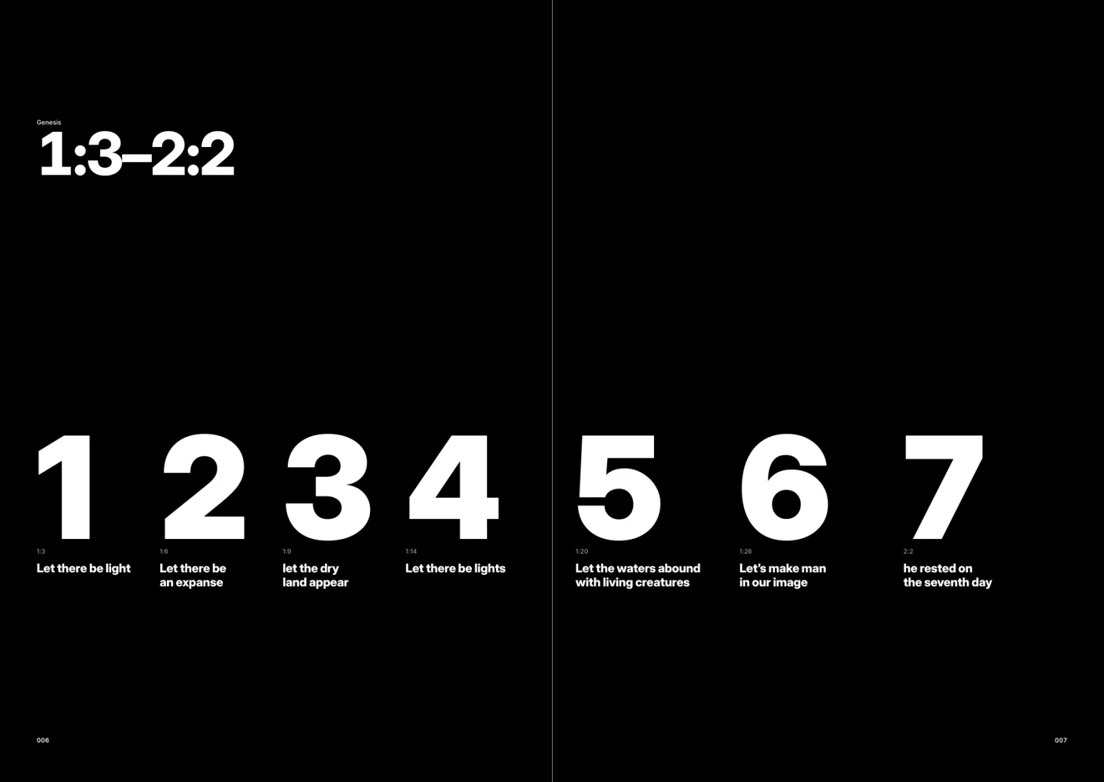 Genesis spread: the numbers 1 to 7 across both pages, one for each day