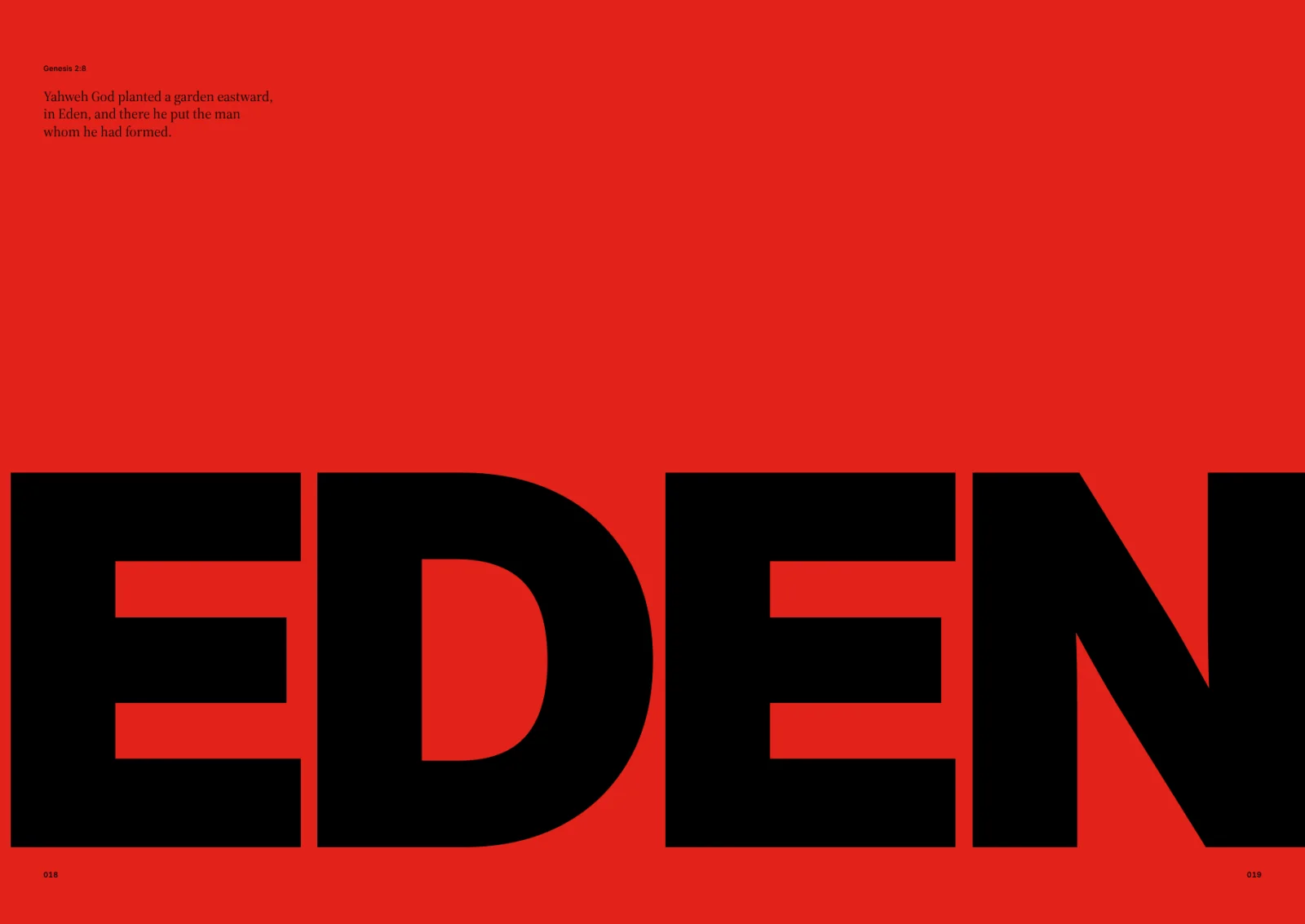 Red Genesis spread: EDEN in huge black capitals across both pages