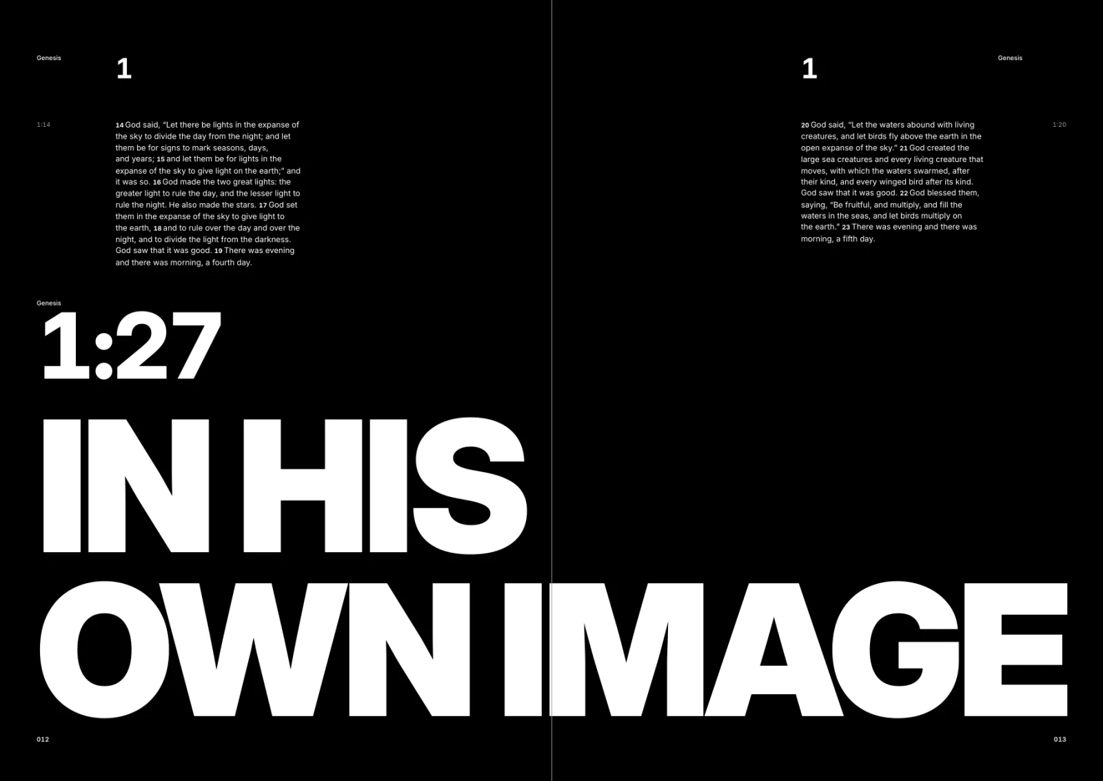 Genesis spread on black: IN HIS OWN IMAGE in huge white capitals
