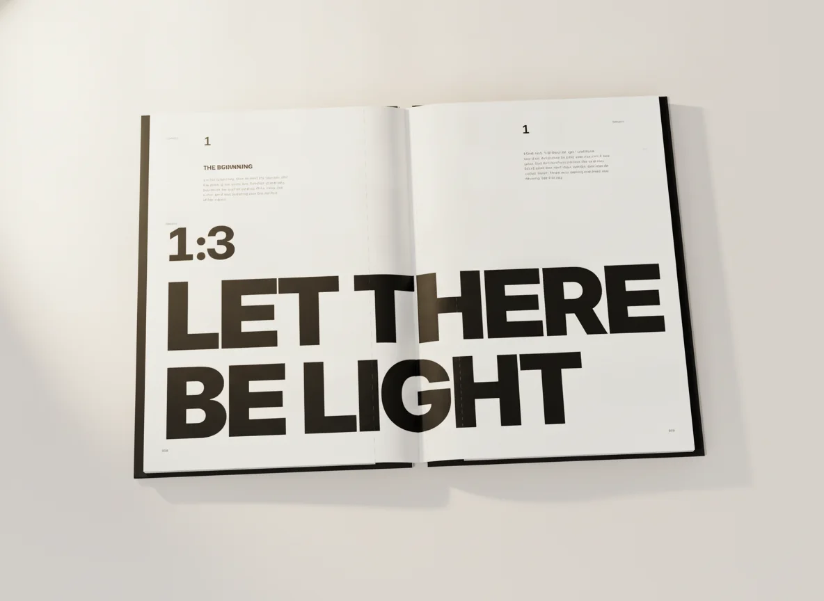 The open Genesis book, LET THERE BE LIGHT across the spread